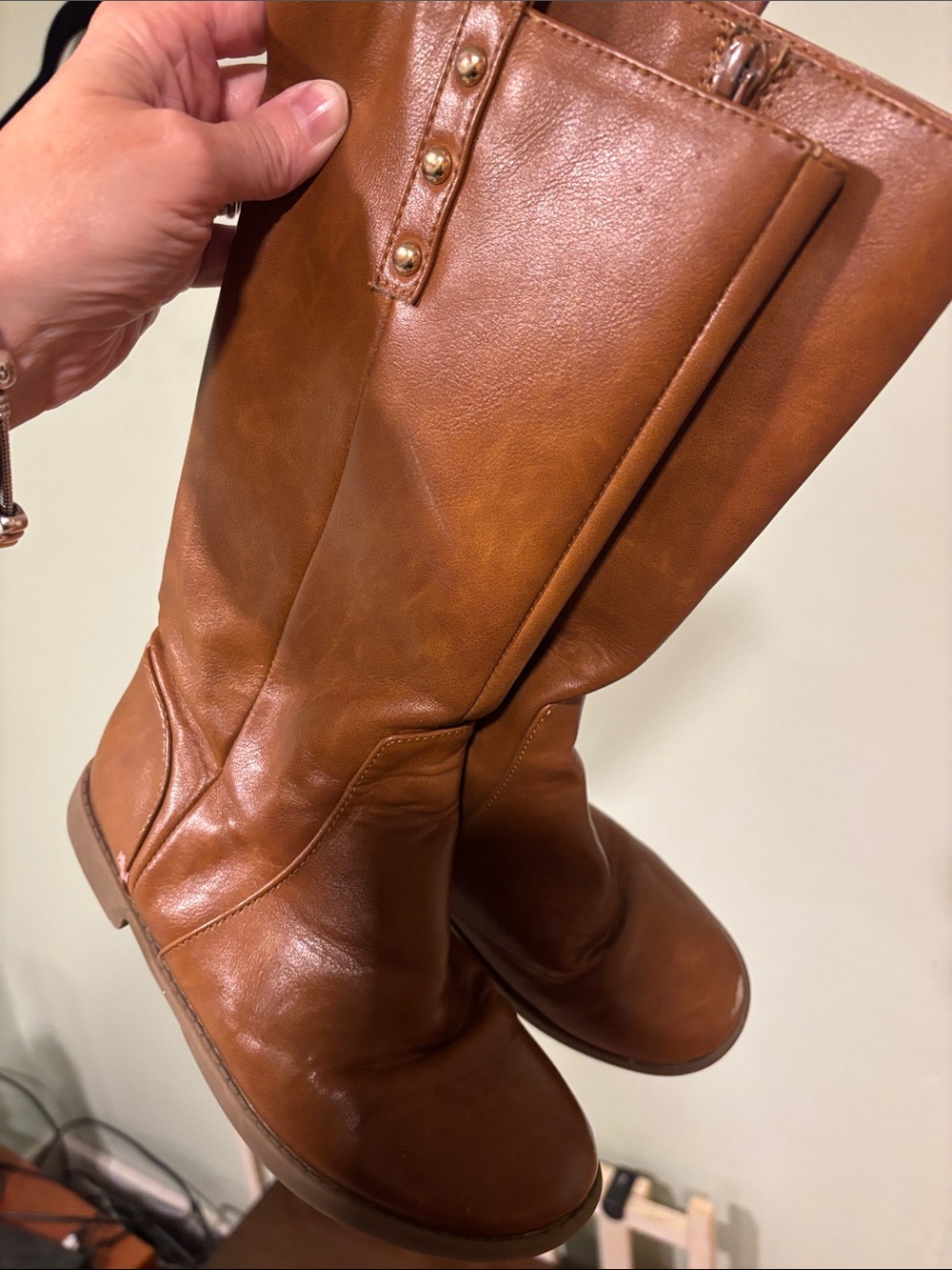 Children’s Place Classic Brown Studded Girls Tall Faux Leather Boots Zipper Calf